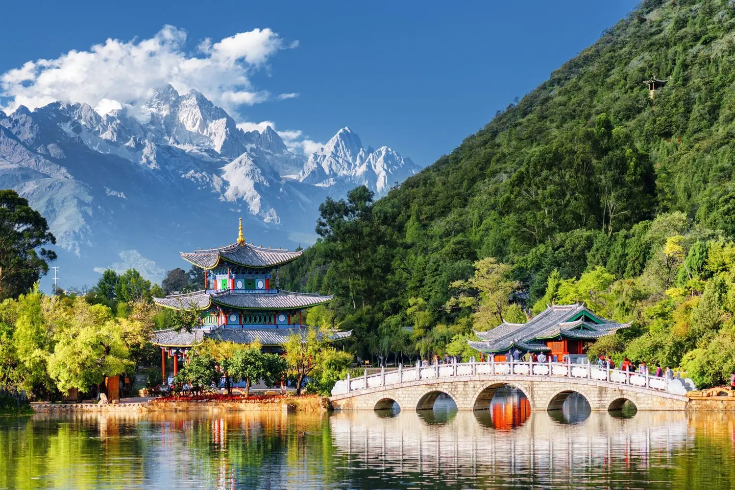 The breathtaking Jade Dragon Snow Mountain towering above Black Dragon Pool in Lijiang, showcasing Yunnan's spectacular alpine scenery.