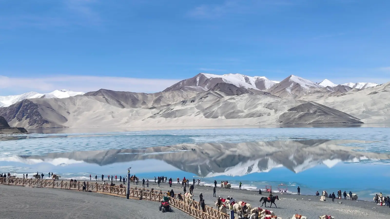 Baishahu (White Sand Lake) in Xinjiang, China, with crystal-clear turquoise waters reflecting the snow-capped Pamir Mountains, a breathtaking scenic destination along the Karakoram Highway near Kashgar.