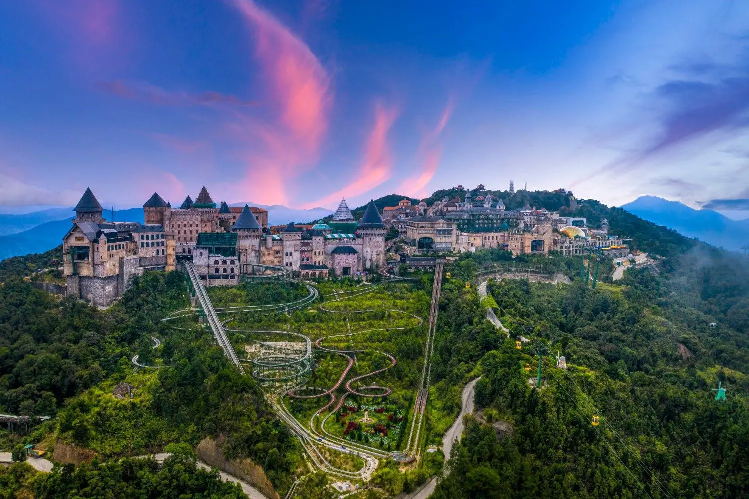 Sun World Ba Na Hills French Village in Da Nang, Vietnam, featuring European-inspired architecture, scenic mountain views, lush gardens, and one of the world's longest cable car systems.