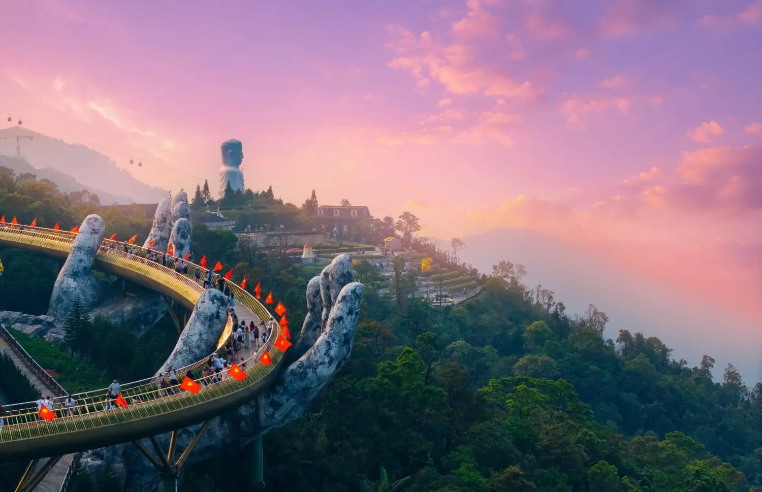 Golden Bridge (Cầu Vàng) at Sun World Ba Na Hills in Da Nang, Vietnam, featuring the iconic giant stone hands, scenic mountain views, and one of Vietnam's most famous architectural landmarks.