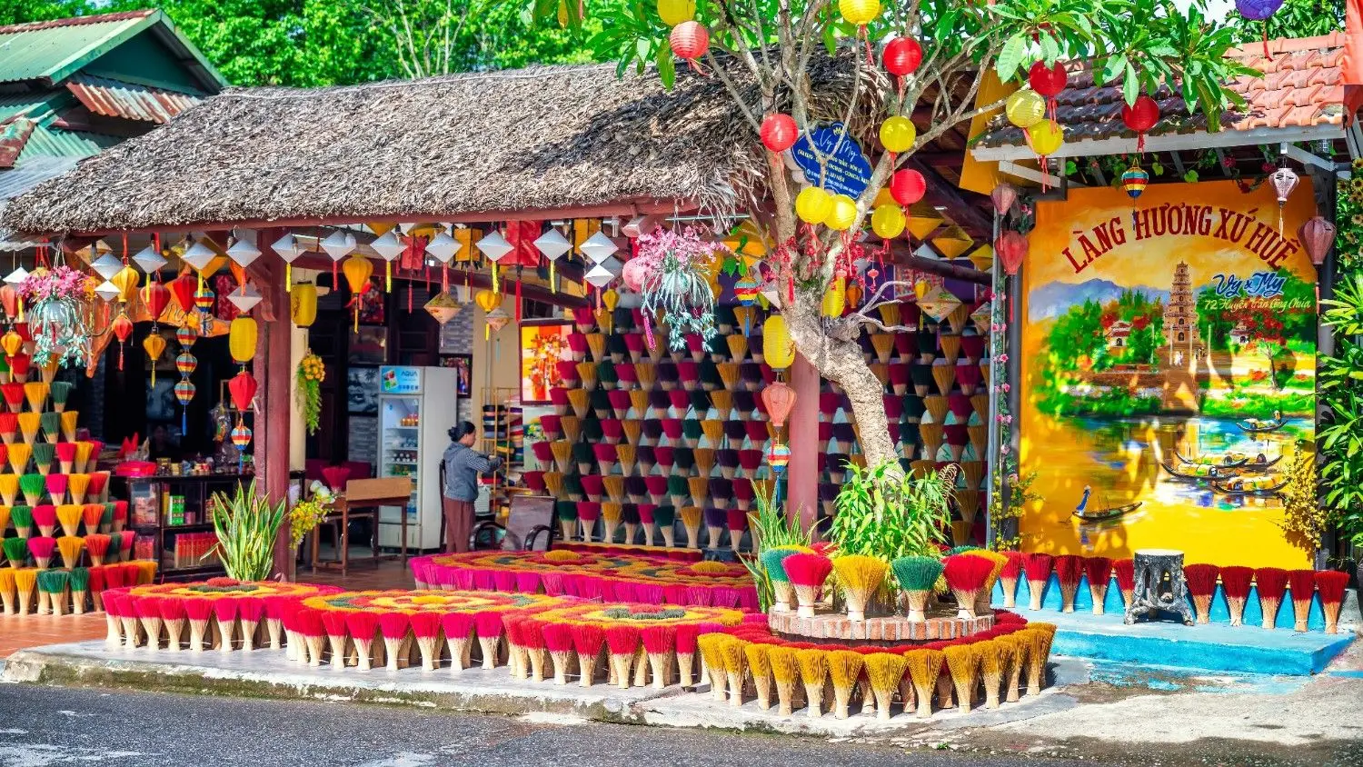 Thuy Xuan Incense Village in Hue, Vietnam, featuring vibrant handcrafted incense sticks, traditional artisan workshops, and colorful cultural displays, one of Hue's most unique cultural attractions.