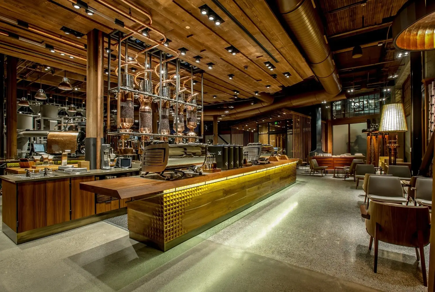 Starbucks Reserve Roastery Shanghai in Shanghai, China, featuring a stunning premium coffee roastery with artisanal coffee bars, copper brewing equipment, and elegant modern interiors. One of the world's largest Starbucks Reserve Roasteries, renowned for its immersive coffee experience, handcrafted beverages, and specialty roasting.