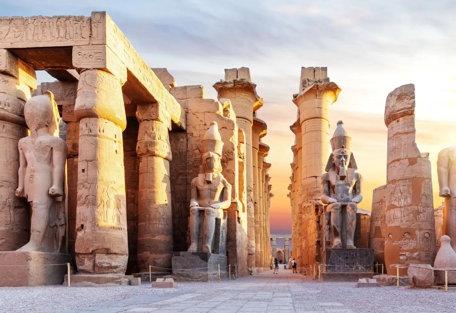 Luxor Temple in Luxor, Egypt, featuring monumental ancient columns, statues of pharaohs, and beautifully preserved Egyptian architecture. One of the most iconic ancient landmarks along the Nile River.